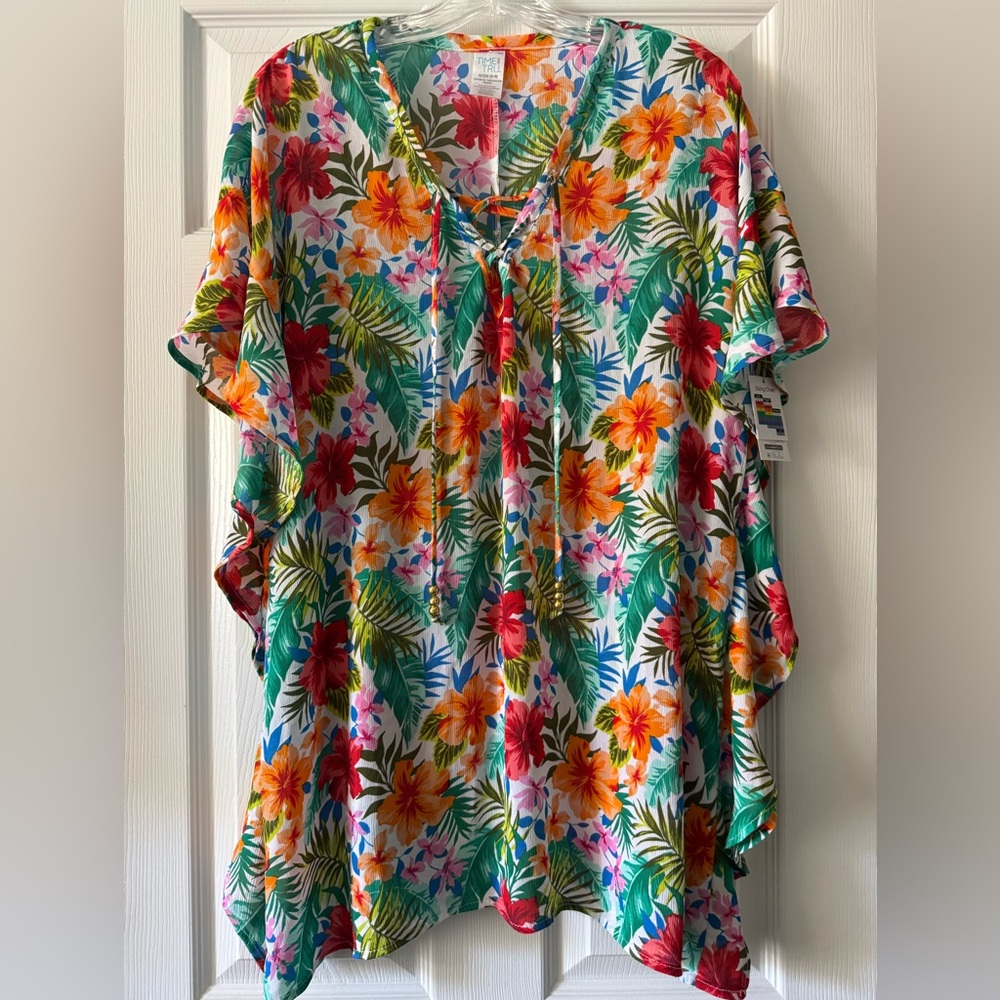 New Time and Tru XL-1X Tropical Print Ruffled Tie Front Swimsuit Coverup